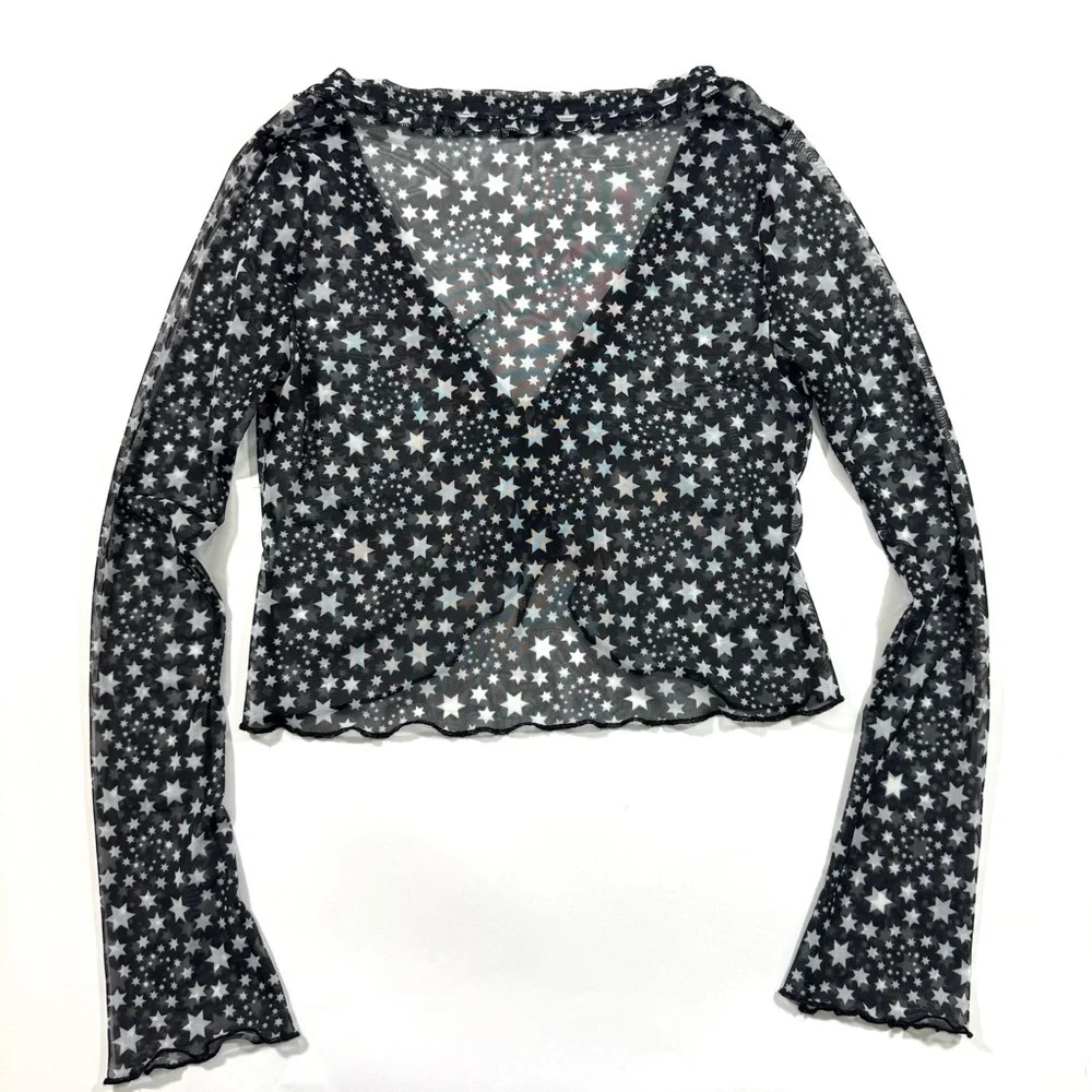 Free People Marne Sheer Mesh Top Long Sleeve Tie Front